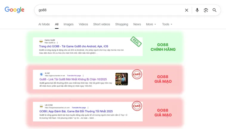 Chữ “Go88.com” trên logo thật rõ ràng, font chữ đồng bộ, trong khi logo giả thường sai font hoặc thêm ký tự lạ.